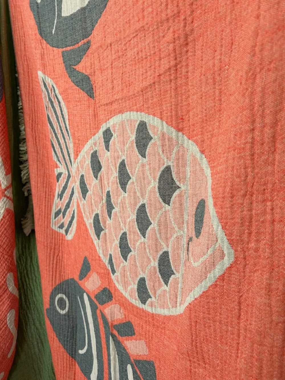 Modern Coastal Fish Woven Throw Towel Reversible Teal Coral FLiPSiDE NWT